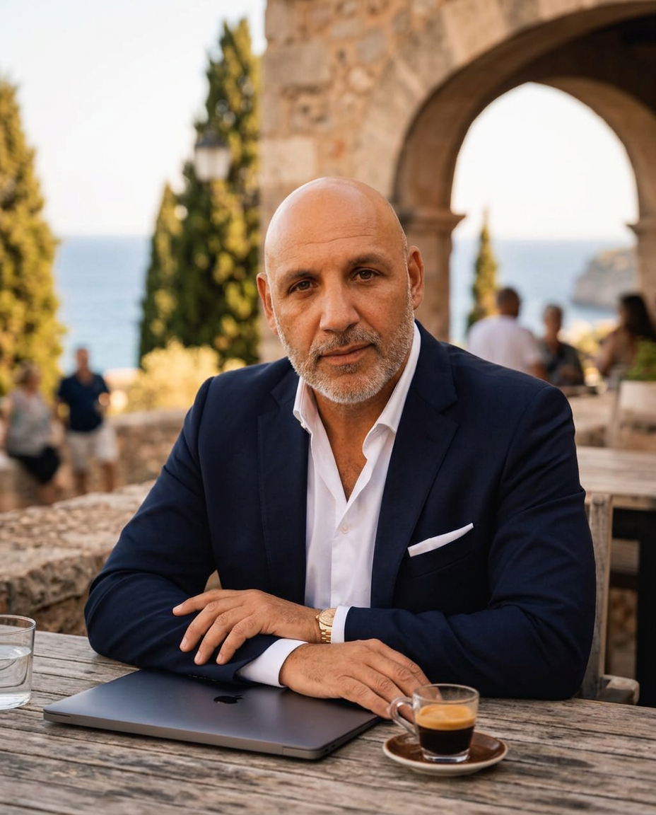 Markus Simon auf einer Terrasse auf Mallorca mit Laptop und Espresso